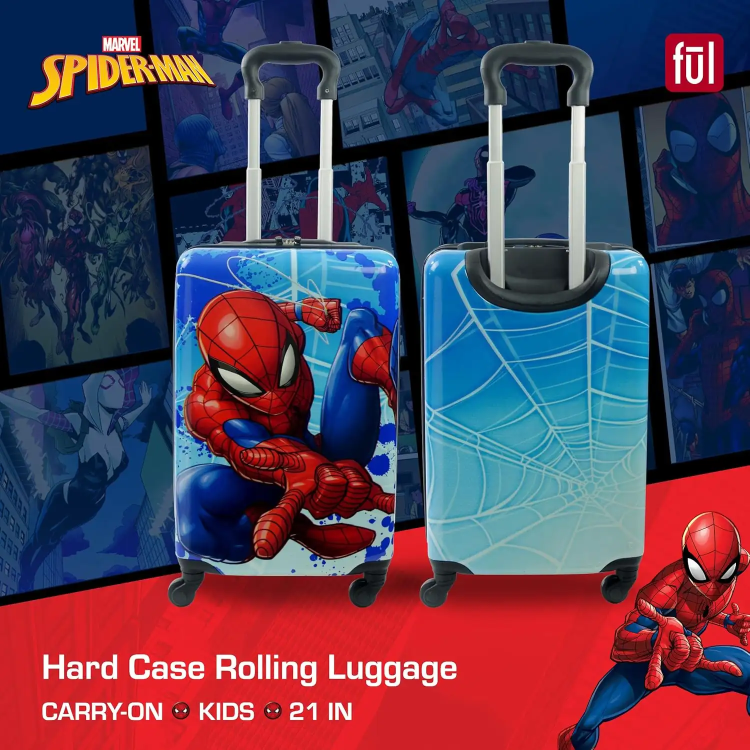 FUL Marvel Spider-Man 21 Inch Kids Carry On Luggage, Hardshell Rolling Suitcase with Spinner Wheels, Multi - 91Pn52lsEPL._AC_SL1500_